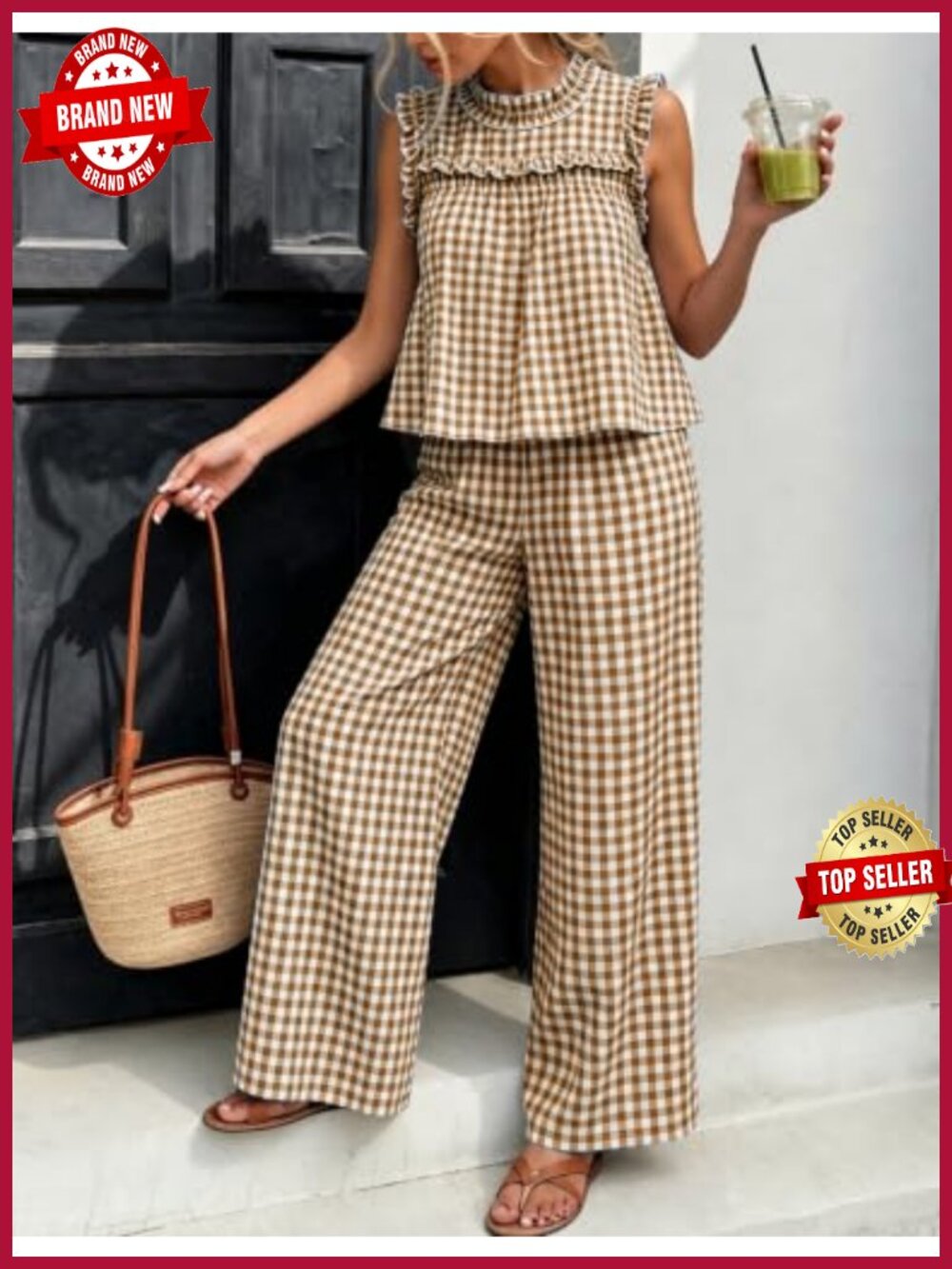 Women's 2 Piece Plaid Sets Sleeveless Peplum Top Wide Leg Pants Matching Lounge - Picture 5 of 5